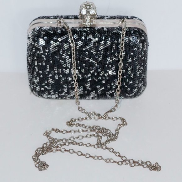 Unique “Skull with Diamonds” Black Crossbody Bag With Sequins - Picture 1 of 5